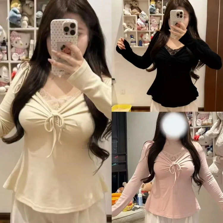 2025秋冬季新款大码女装时尚显瘦V领减龄纯欲风拼蕾丝长袖上衣