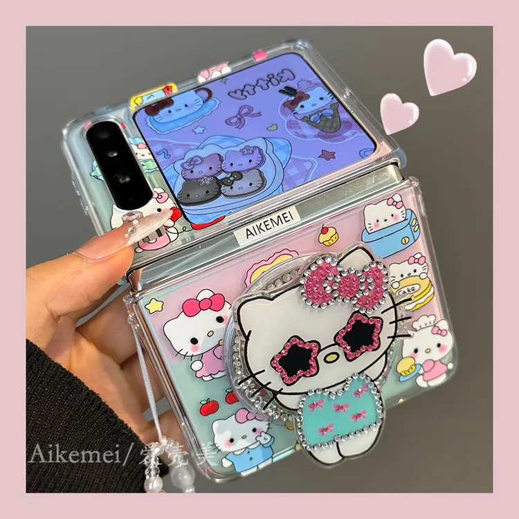 适用华为purax折叠屏手机壳可爱kitty猫pocket2水钻磁吸支架链条