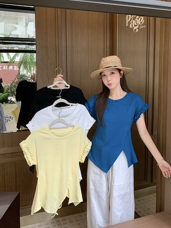 2025夏装新款胖mm大码女甜美设计感飞飞袖木耳边露背短袖T恤A2017