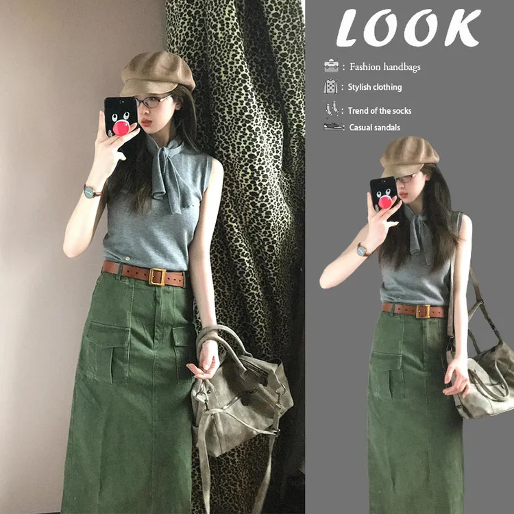 今年流行漂亮套装2025新款无袖修身背心上衣高腰牛仔半身裙两件套