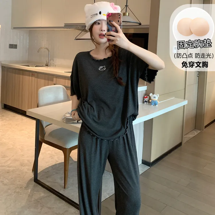 短袖长裤薄款夏季莫代尔女睡衣网红风带胸垫韩版家居服可外穿套装