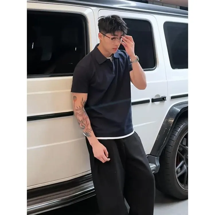 藏青色假两件正肩短袖男款polo衫美式痞帅高级感t恤重磅硬挺半袖