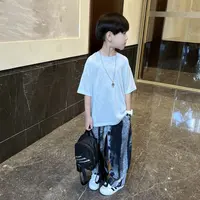 男童夏季纯色休闲薄款套装2025新款中童韩版洋气短袖防蚊裤两件套