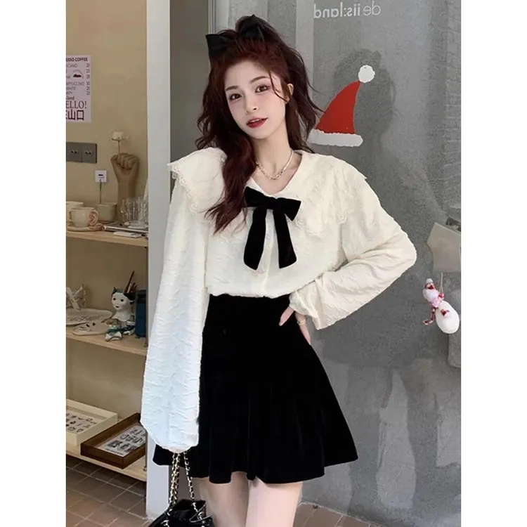娃娃领衬衫女春秋2025新款大码胖mm设计感蝴蝶结外穿洋气长袖衬衣