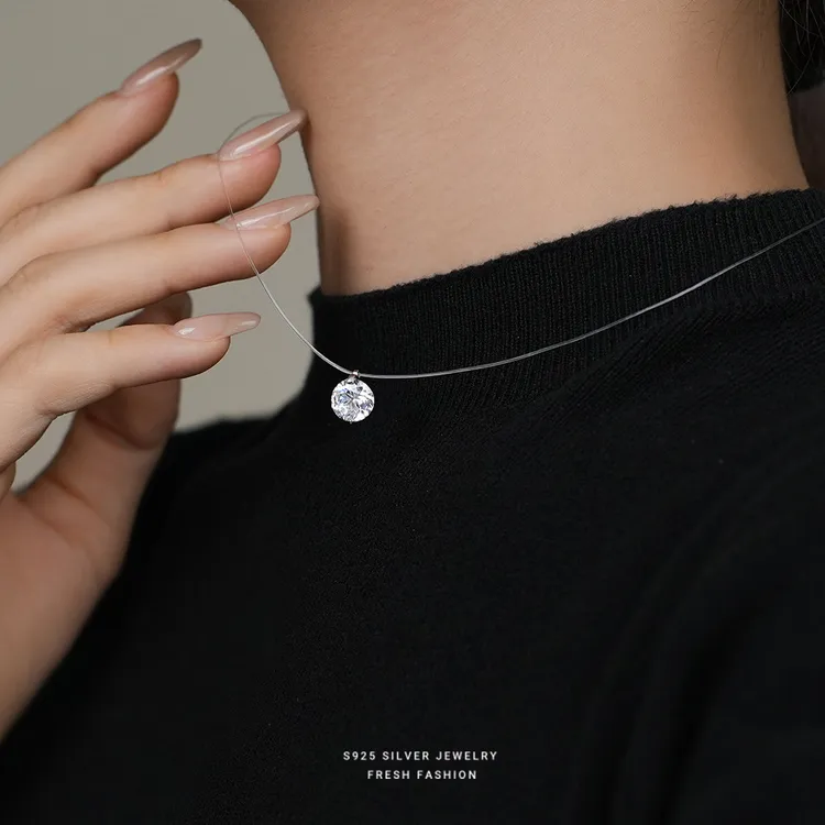 坠链均925银莫桑石 人鱼之泪莫桑石项链精致锆石隐形鱼线锁骨链