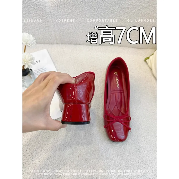 真皮~内增高7CM玛丽珍鞋女2025新款法式高跟浅口小个子红色单鞋女