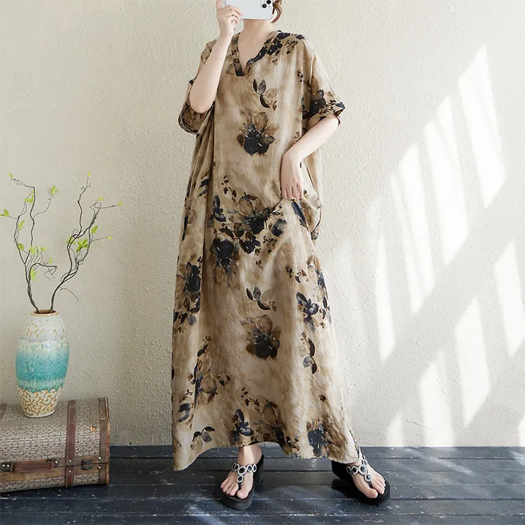 外贸出口大花色V领薄棉麻大码宽松度假风沙滩裙复古遮肉长款袍子