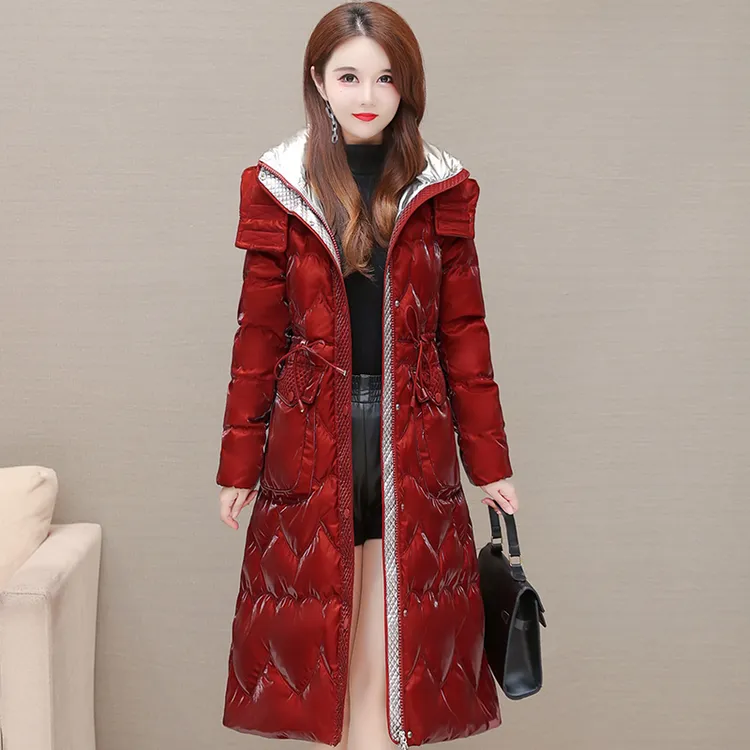 时尚亮面免洗白鸭绒羽绒服女秋冬2025新款冬季中长款加厚保暖外套