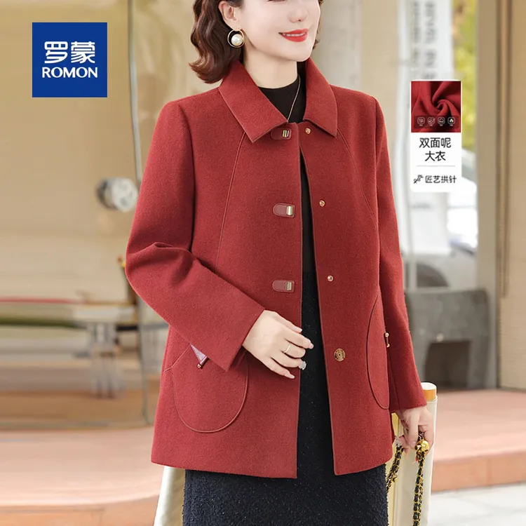 罗蒙洋气妈妈秋装毛呢外套新款中老年女装阔太太秋冬装毛呢子大衣