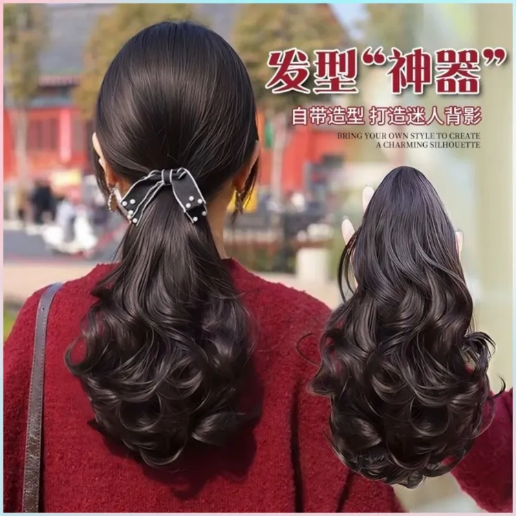 2025新款假发马尾梨花卷短马尾女蓬松自然仿真发低扎小香风蝴蝶结