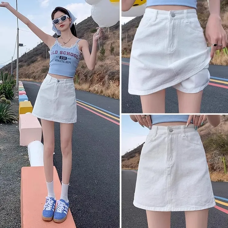 白色牛仔短裙女夏季2025新款遮肉显瘦小个子高腰a字包臀裙半身裙