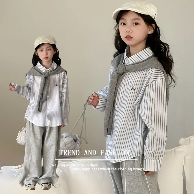 女款儿童潮流日式简约披肩长袖竖纹衬衫立领休闲纯色百搭卫裤