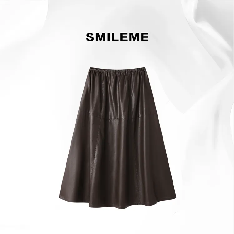 SMILEME【 远山如黛】气质遮胯显瘦大摆皮裙半身裙R5384002
