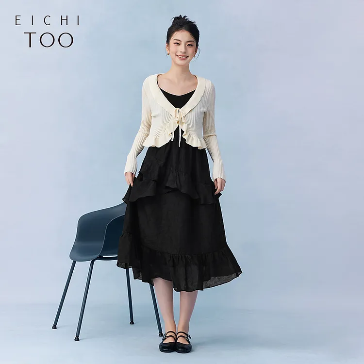 爱居兔春季新荷叶边设计感时尚两件式针织衫连衣裙EQLSJ1P003A