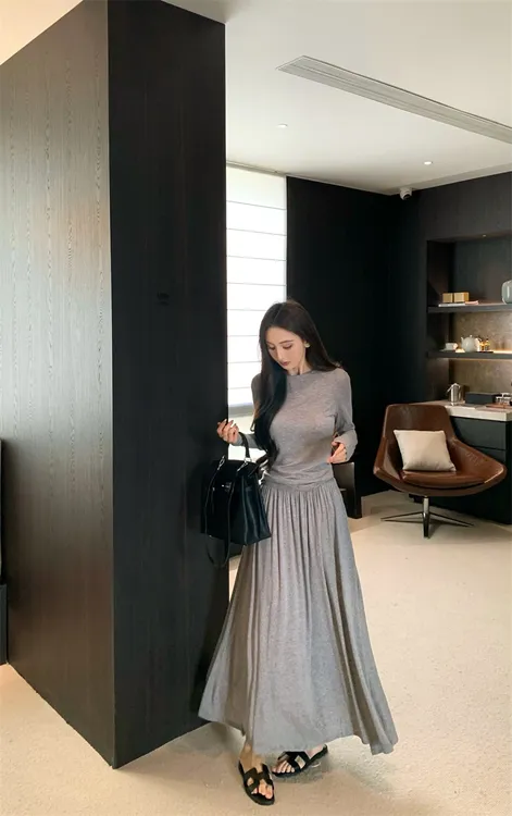 【YIQING定制】自制~新款显瘦修身小众气质纯色上衣半身裙套装#A684