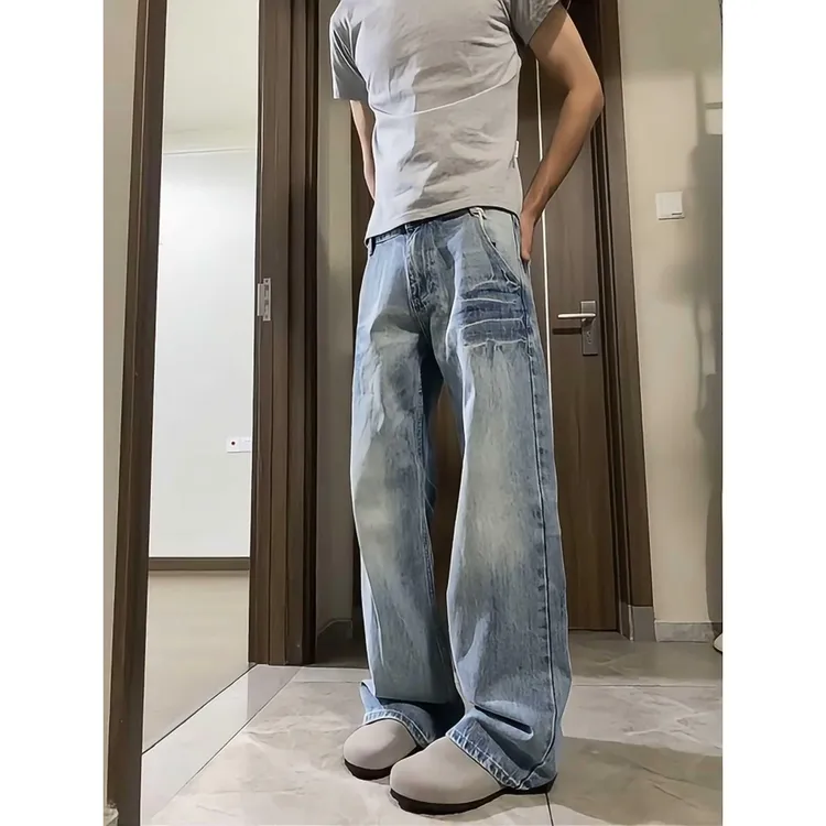 美式复古爆裂纹水洗浅蓝色牛仔裤男款春季vibe潮流高街阔腿弯刀裤