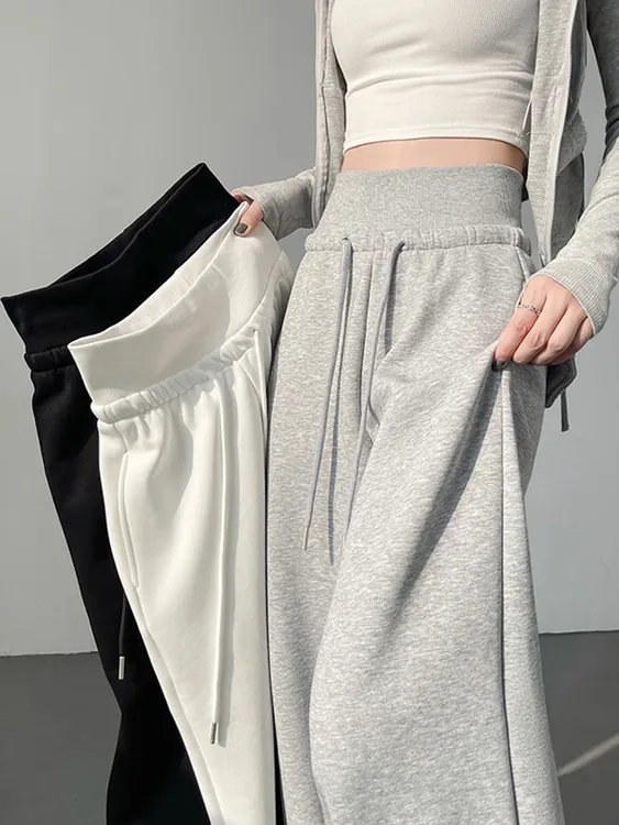 美式高腰抽绳休闲运动卫裤女2025秋季新款宽松显瘦垂感直筒拖地裤