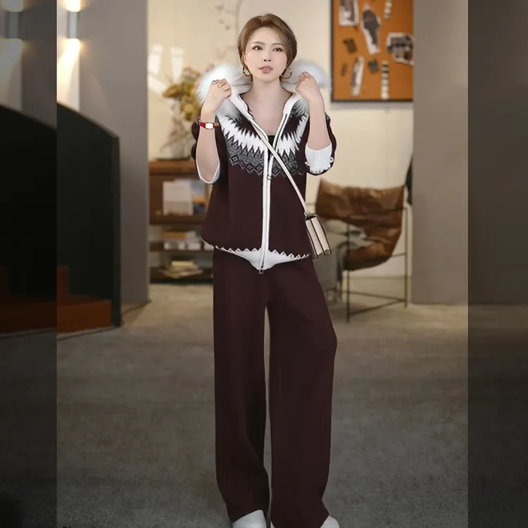 溶溶【北欧星迹】RONGRONG 羊毛混纺软糯貉子毛领慵懒套装2518K510