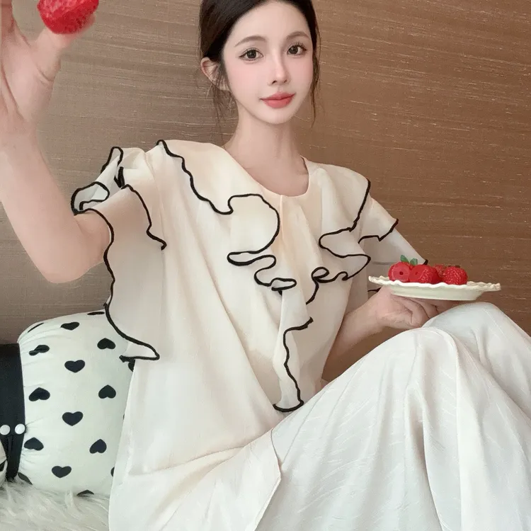 夏季冰丝睡衣女款甜美白色高级感短袖长裤家居服套装可外穿