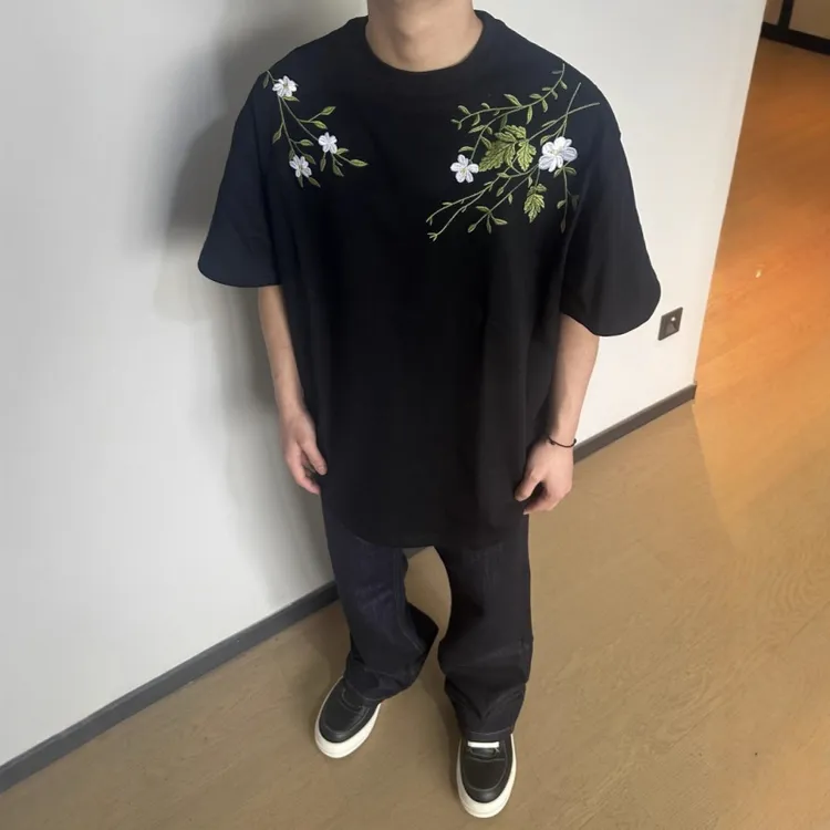 美式街头花卉刺绣圆领短袖t恤男款夏季潮牌复古宽松休闲半袖体恤