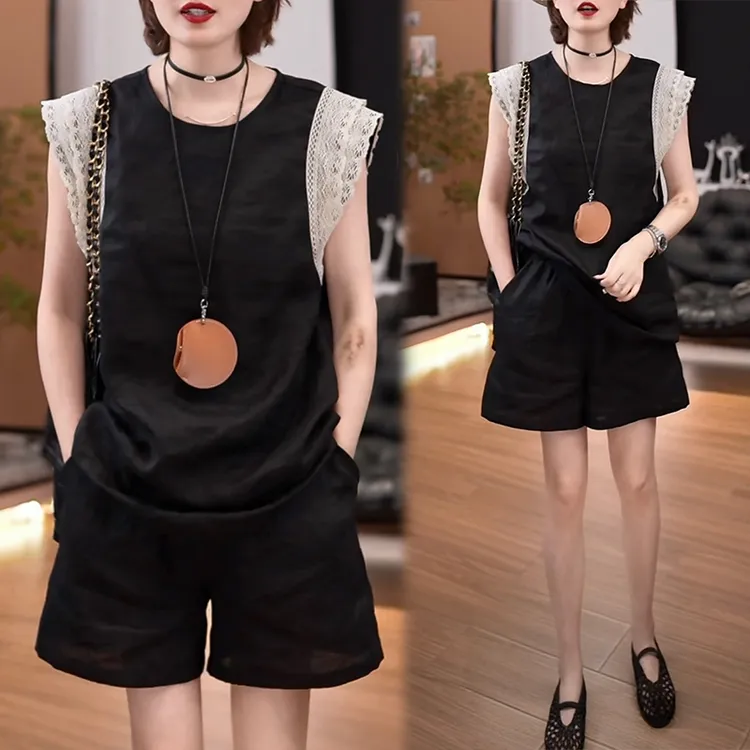 法式轻奢高级感蕾丝拼接套装女2025年夏季洋气上衣显瘦短裤两件套