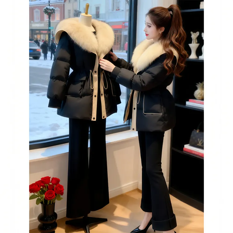 小个子时髦洋气高级炸街棉服女冬季加厚保暖毛领撞色收腰显瘦外套