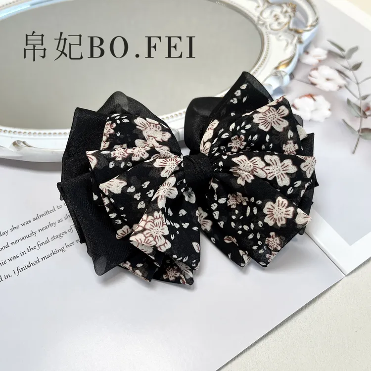 帛妃春夏手工高品质温柔碎花蝴蝶结法式香蕉夹发夹低丸子头发饰