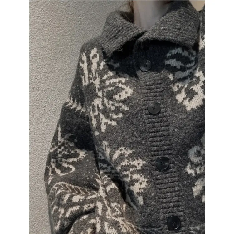 翻领费尔岛开衫新款韩系复古提花氛围感慵懒针织毛衣外套女01523