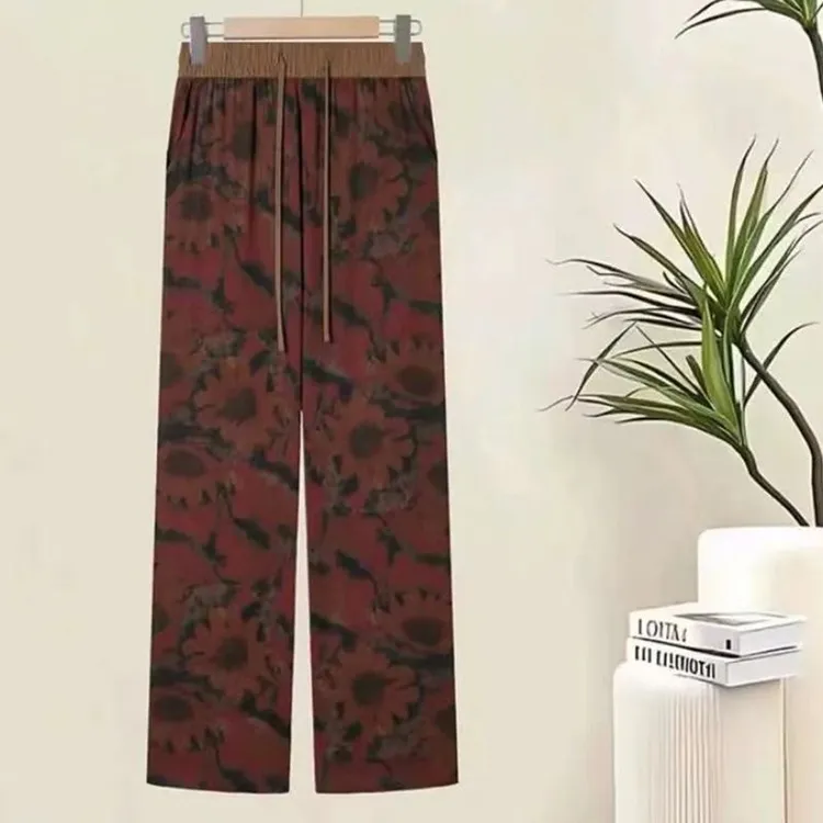 裤子女夏天新款爆款缎面印花洋气休闲显瘦直筒裤女士新款半身裙