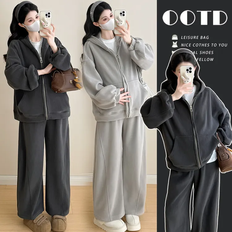 孕妇双面奥莉绒超厚卫衣套装冬季慵懒风宽松休闲运动孕妇两件套