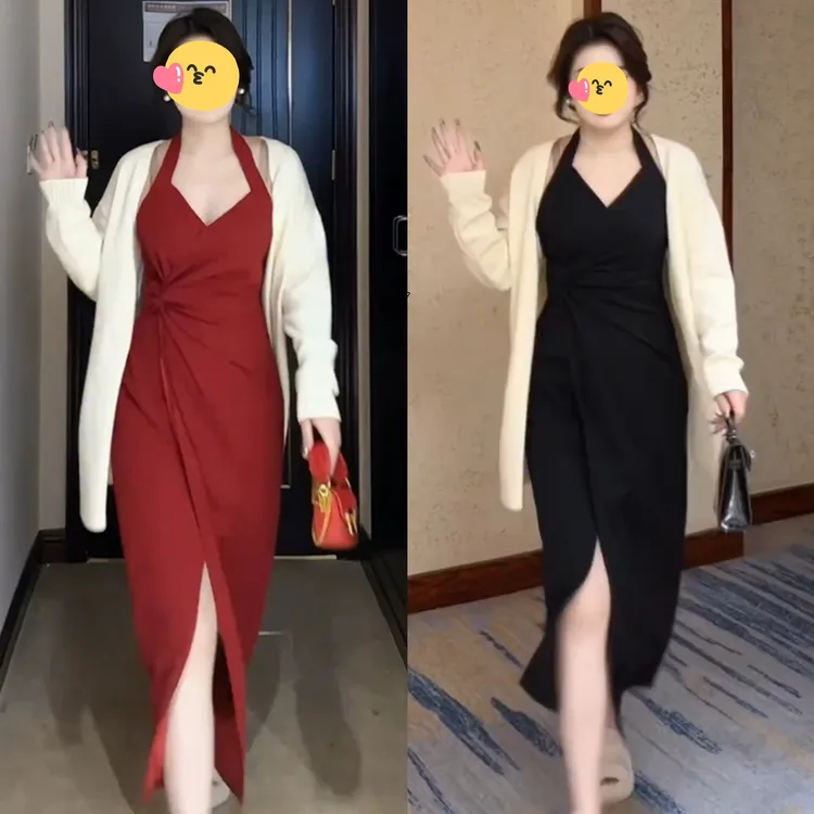 大码新中式复古挂脖内搭打底连衣裙女秋冬胖mm针织毛衣显瘦两件套