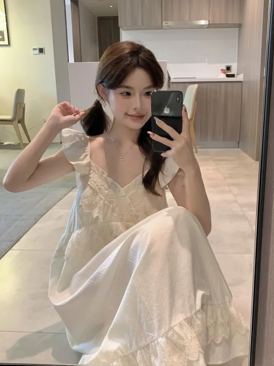 韩国ins甜美公主风带胸垫睡裙女夏季小飞袖吊带纯棉睡衣家居服薄