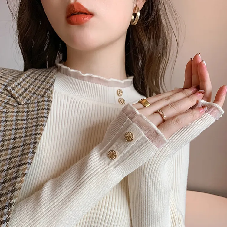 2025秋冬新款半高领针织打底衫长袖套头蕾丝内搭纯色小香风毛衣女