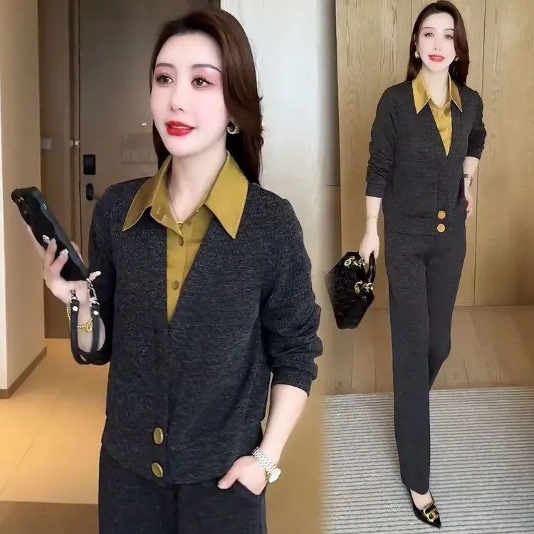时尚休闲套装女2025春秋新款洋气显瘦假两件上衣阔腿裤运动两件套
