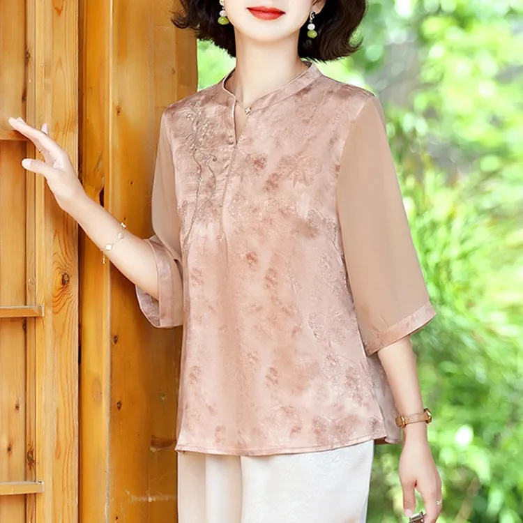 妈妈夏装七分袖小衫套装中老年人女夏季洋气国风上衣