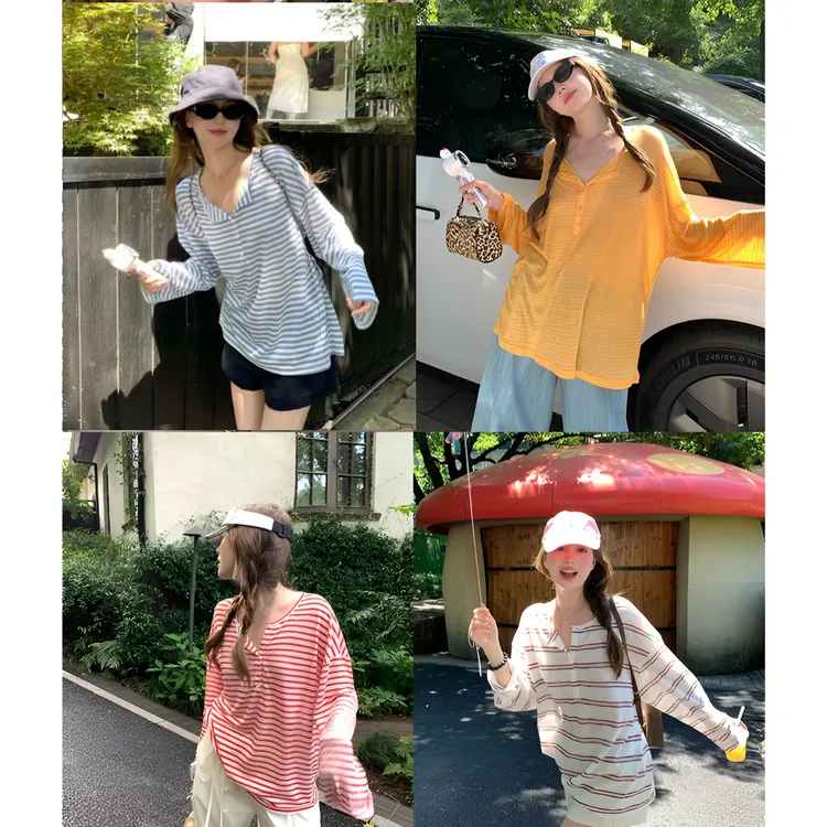 韩系慵懒风半开领条纹长袖t恤女夏日2025宽松防晒正肩休闲上衣