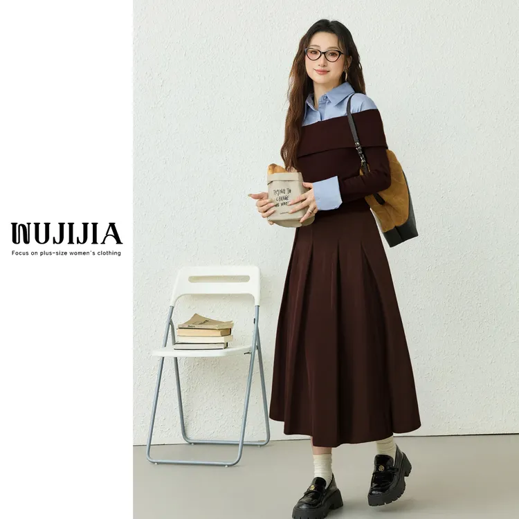 五季家大码秋冬款咖色上衣裙子ZL114605+咖色长半裙ZL114220套装