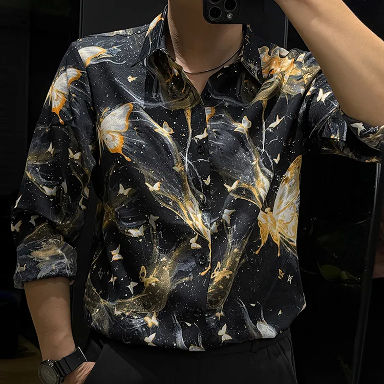 痞帅男模同款时尚衬衣韩版长袖烫金男士衬衫提花秋季薄款不起球潮