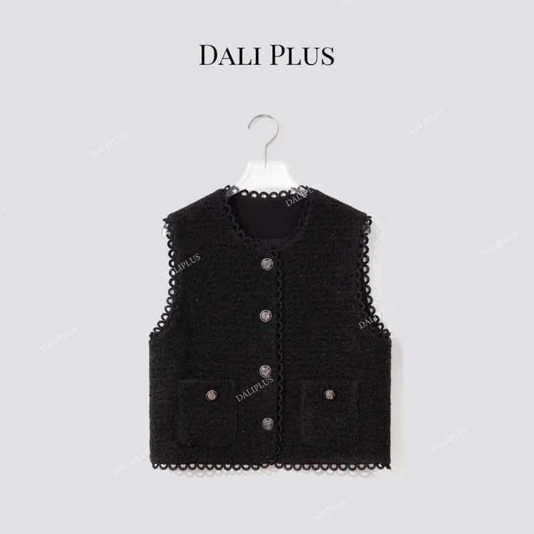 DALI PLUS“黑闪蕾丝花边香风马甲”单排扣马夹-D5SS7259
