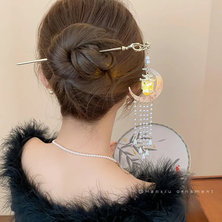 HX国风树脂宫灯流苏发簪女汉服旗袍配饰步摇发钗典雅高级感发饰饰