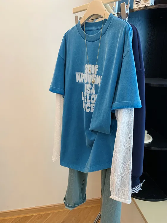 蓝色蕾丝长袖t恤女2025新款夏季美式潮牌设计感假两件防晒衫上衣