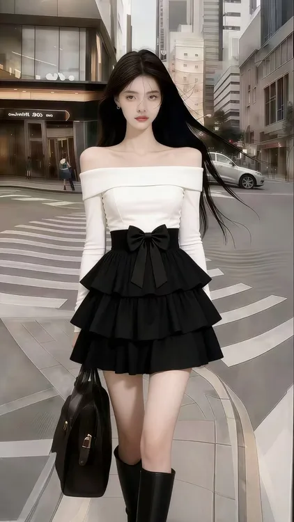 秋冬季精致舒适千金风黑白撞色拼接一字肩露肩长袖高腰连衣裙女