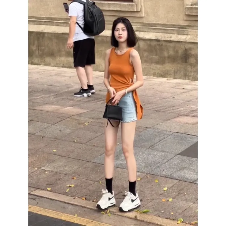 港风内搭橘色针织无袖小吊带背心女夏季不规则外穿冰丝坎肩上衣薄