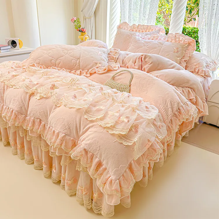 法式高端A类宝宝牛奶绒床裙四件套加绒加厚双面绒花边被套防静电4