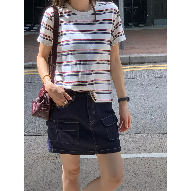 PH 《乌托邦》夏季小众时尚潮流定织条纹立体斜裁百塔短袖T恤PH2358