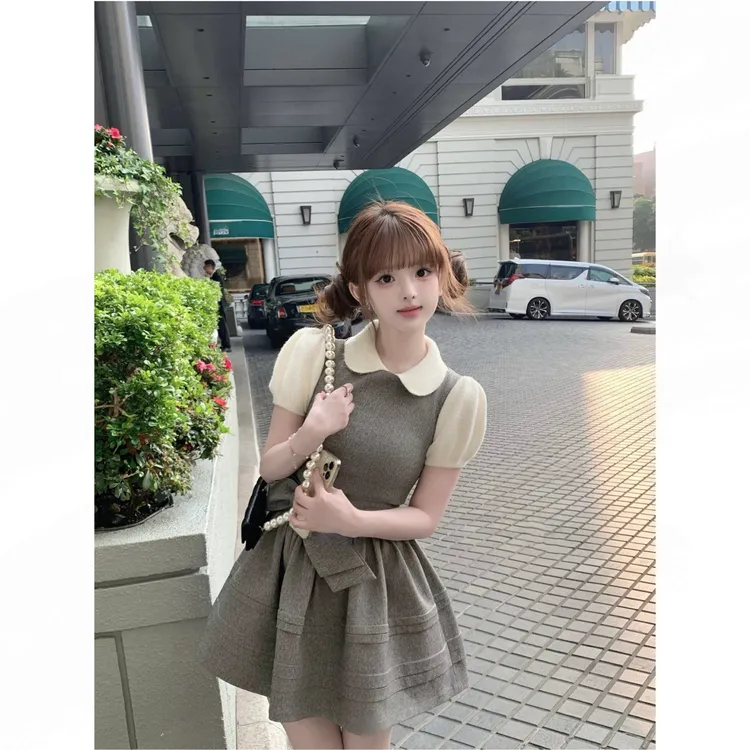 云雀歌剧院 麻灰设计感蝴蝶结蓬蓬背心裙气质短裙女