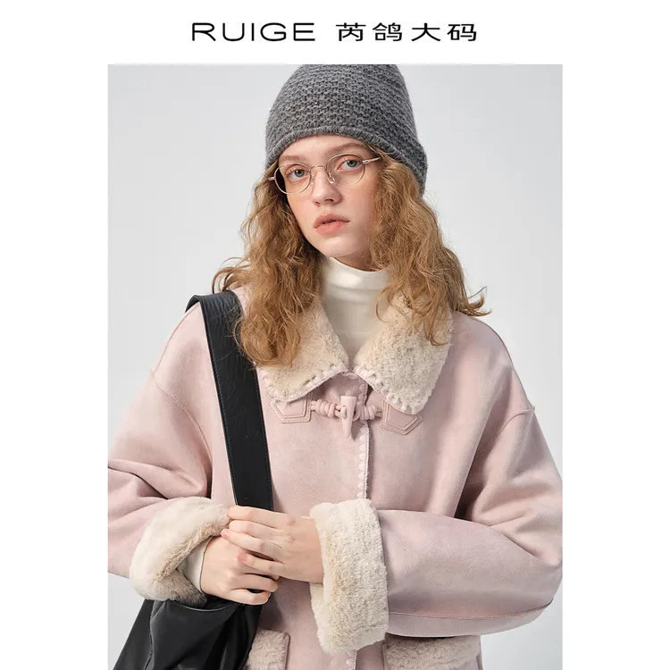 芮鸽微胖定制【暖绒复古】皮毛一体正肩外套女新款冬季微胖mm上衣