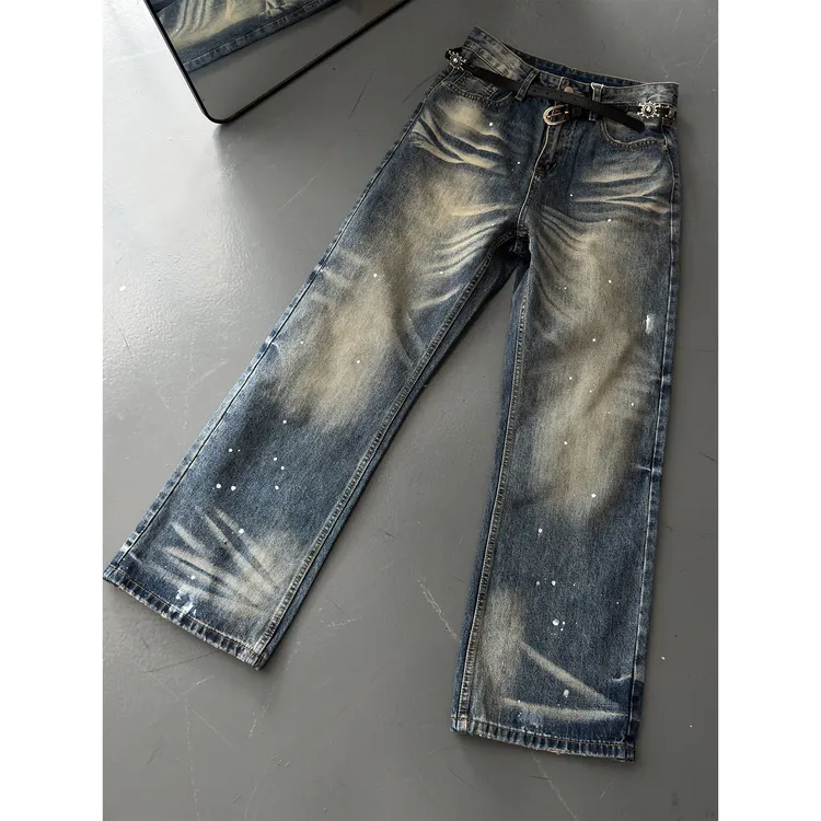 CZ2复古美式水洗猫须纹牛仔裤男女宽松休闲通勤潮阔形直筒长裤