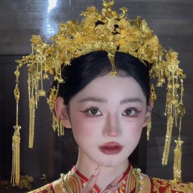ETE ST1-12997新款金色花朵蝴蝶流苏凤冠中式秀禾龙凤褂新娘头饰