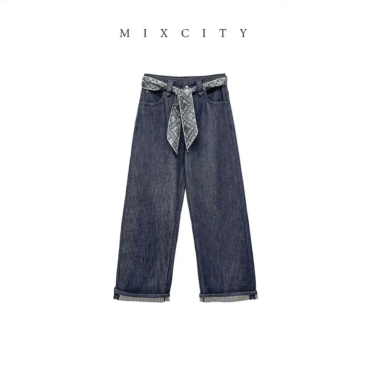 【MIXCITY亚楠家】丝带裤◆条纹植绒腰果丝带加厚直筒牛仔裤9278